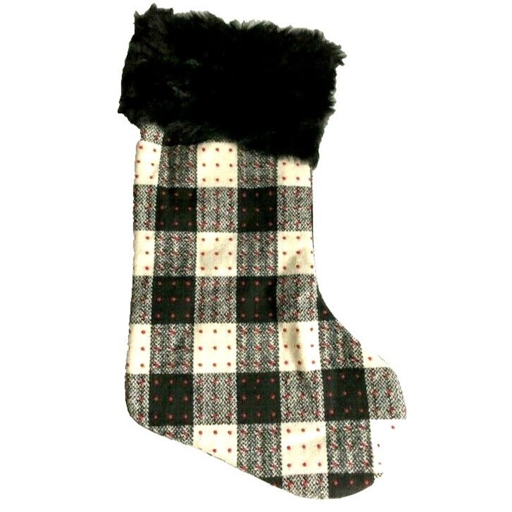 Buffalo Check Christmas Stocking Faux Fur Cabin Lodge Rustic Black White 19"